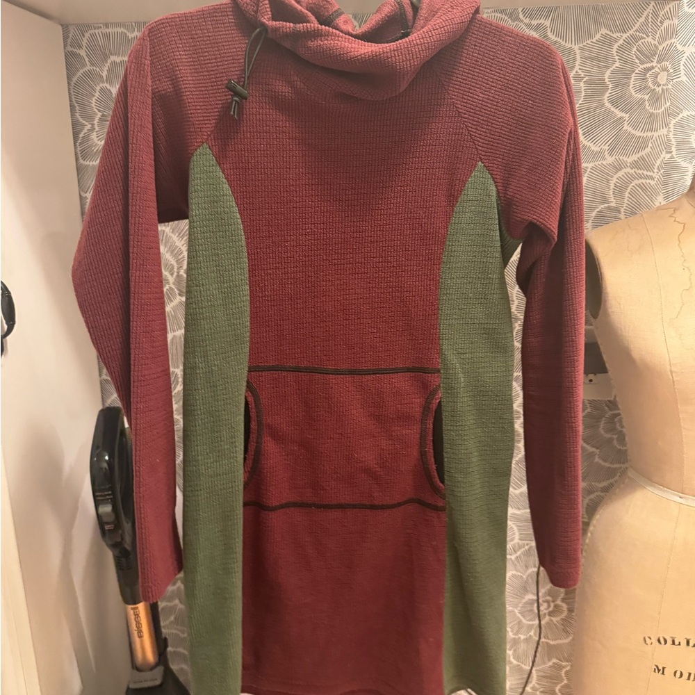 Melanzana Microgrid Fleece Hoodie Dress - burgundy and green dress - Size Small